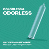 A transparent Trojan Raw Non-Latex Condom on a green background with text: "Colorless & Odorless. Made from latex-free, medical-grade polyurethane." Perfect for those seeking non-latex condoms, Trojan Raw Non-Latex Condoms by Trojan provide high-quality comfort and reliable protection.