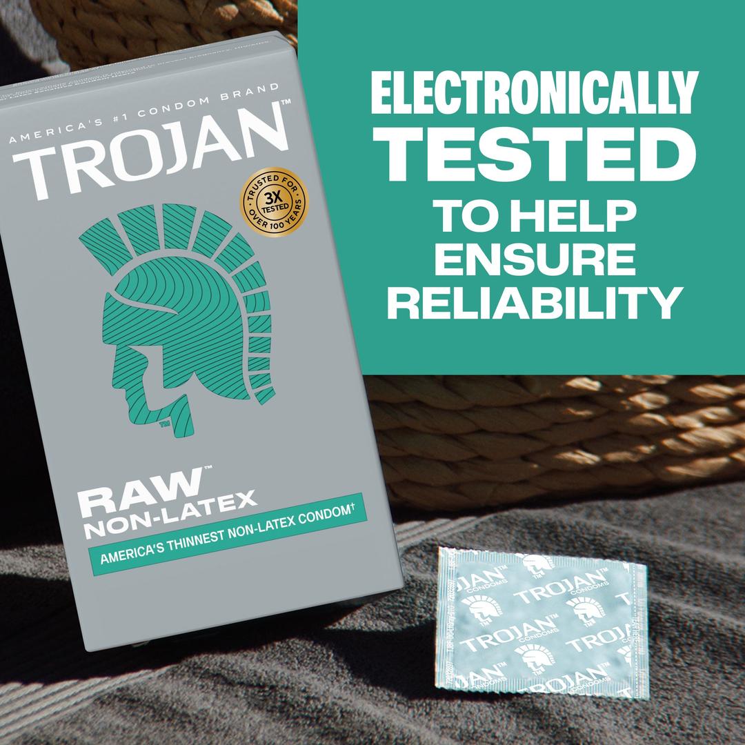 A box of Trojan Raw Non-Latex Condoms by Trojan, along with a single individually wrapped condom, rest on a woven surface. Text reads, "Electronically tested to help ensure reliability.