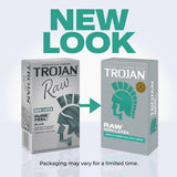 Two boxes of Trojan Raw Non-Latex Condoms are displayed side by side, with an arrow pointing from the older gray packaging on the left to the revamped teal and silver box on the right. Above them, text reads "NEW LOOK." Ideal for those seeking non-latex protection, Trojan Raw Non-Latex Condoms by Trojan are crafted from premium polyurethane to provide a natural feel.