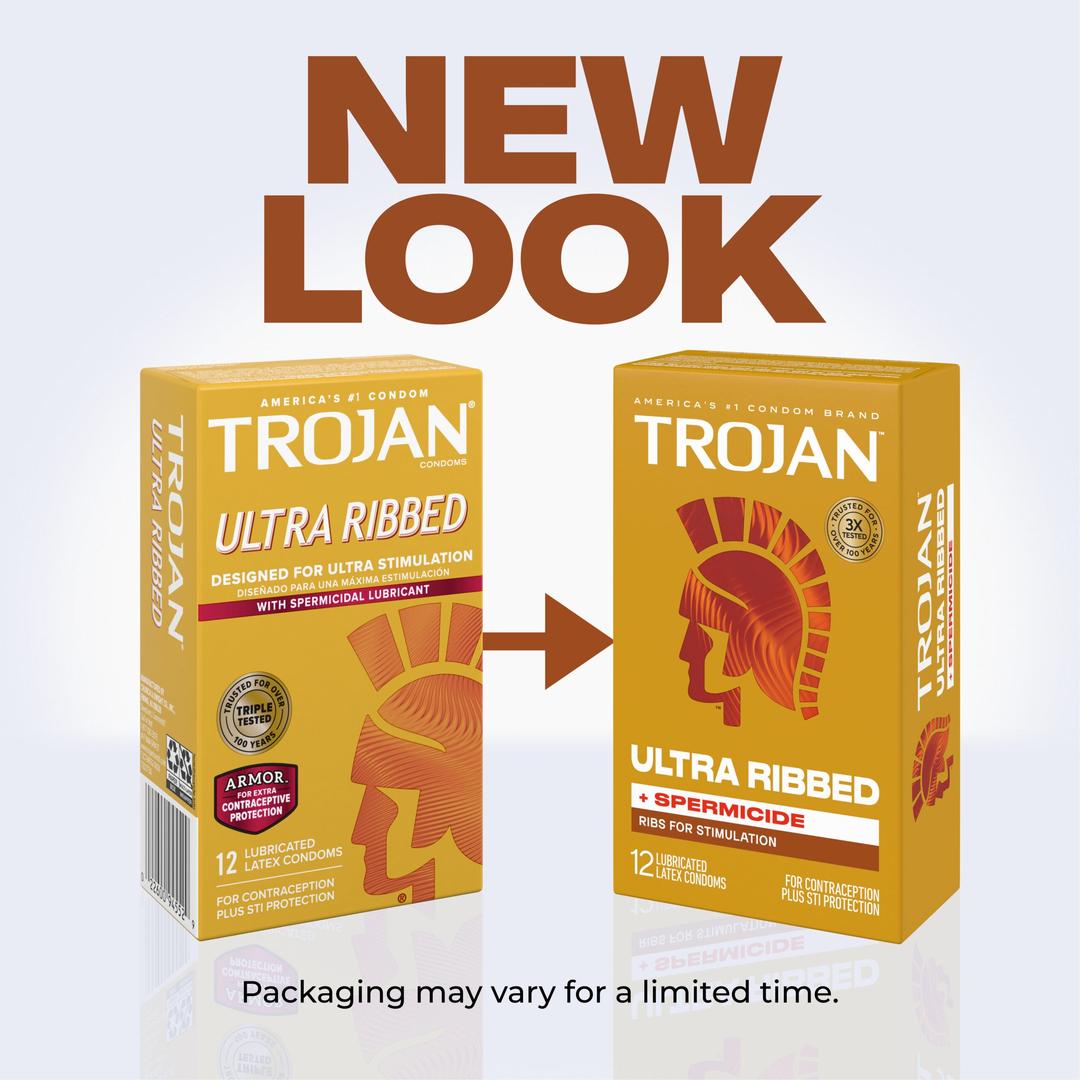Two boxes of Trojan Ultra Ribbed Armor Condoms by Trojan are shown with "NEW LOOK" above them; the box on the left features the old design, while the one on the right displays the updated packaging for these popular ribbed condoms. Text at the bottom reads, "Packaging may vary for a limited time.