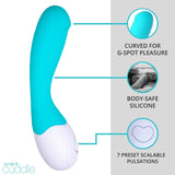 Image of a turquoise OhMiBod Lovelife Cuddle G-Spot Vibrator with a white handle. Labels describe features: "Curved for G-spot pleasure," "Body-safe silicone," and "7 preset scalable pulsations." Logo in the bottom left corner reads, "livelife & cuddle." Enjoy targeted sensations with this personal pleasure device from OhMiBod.