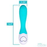 A turquoise and white personal massager from OhMiBod, designed for targeted sensations, is shown against a white background. The OhMiBod Lovelife Cuddle G-Spot Vibrator measures 6.5 inches in length and 1.25 inches in diameter. The logo "livelife & cuddle" is visible at the bottom right corner.