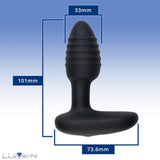 Image of a black, ergonomically shaped OhMiBod Lumen Vibrating Butt Plug with measurements. The insertable length is 101mm, the width at the widest point is 33mm, and the base is 73.6mm wide. The background transitions from blue to white in a gradient effect. "LUIMEN" glows with LED brilliance in the bottom left corner.