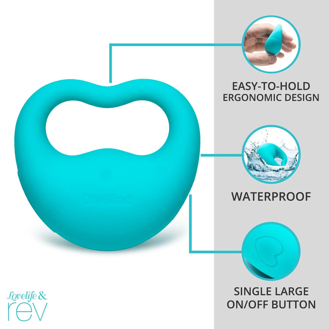 Introducing the OhMiBod Lovelife Rev Finger Vibe, a blue ergonomic handheld device with a heart-shaped handle crafted from body-safe silicone. It features an easy-to-hold design, is made from waterproof materials, and has a large on/off button. Perfect for enhanced experiences!