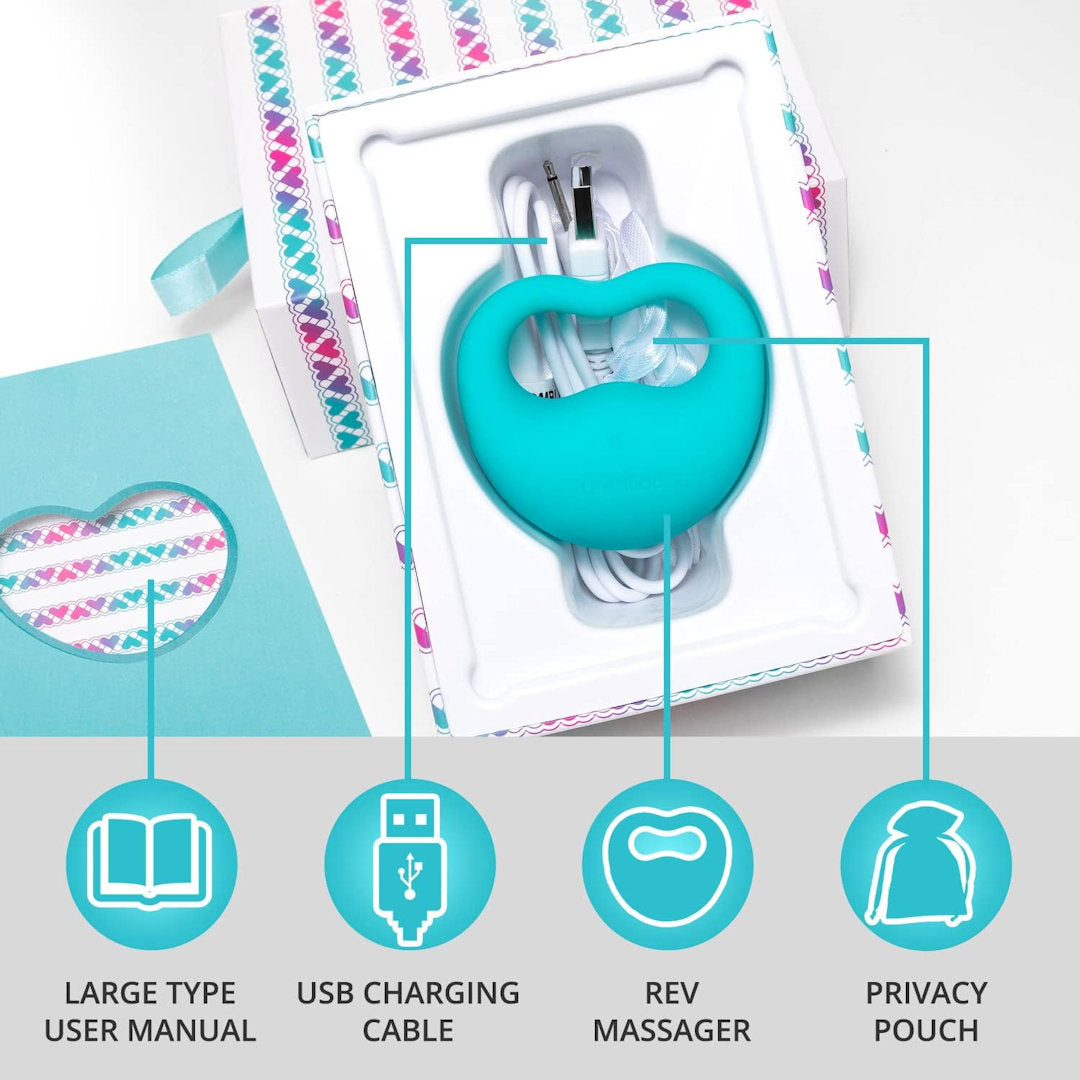 An OhMiBod Lovelife Rev Finger Vibe in blue comes in an open package, including a USB charging cable, a comprehensive user manual, and a privacy pouch. Made from body-safe silicone, it prioritizes comfort and safety. The packaging features a vibrant pattern along the edges, capturing the signature playful design of OhMiBod Lovelife.