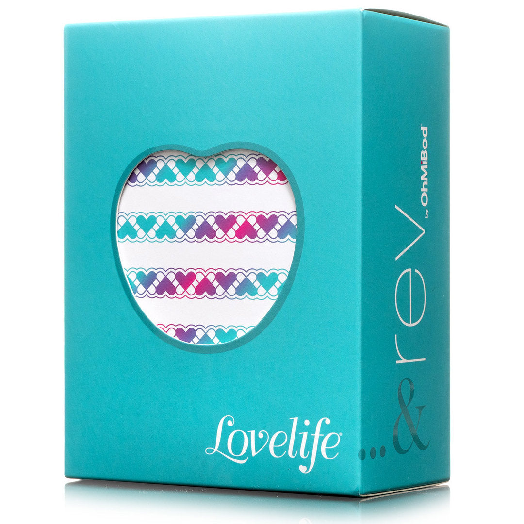 A teal box adorned with a patterned design shows through a heart-shaped cutout on the front, displaying the words "OhMiBod Lovelife" and "rev by ohmibod" in white and light blue text, suggesting the presence of the OhMiBod Lovelife Rev Finger Vibe made from body-safe silicone inside.