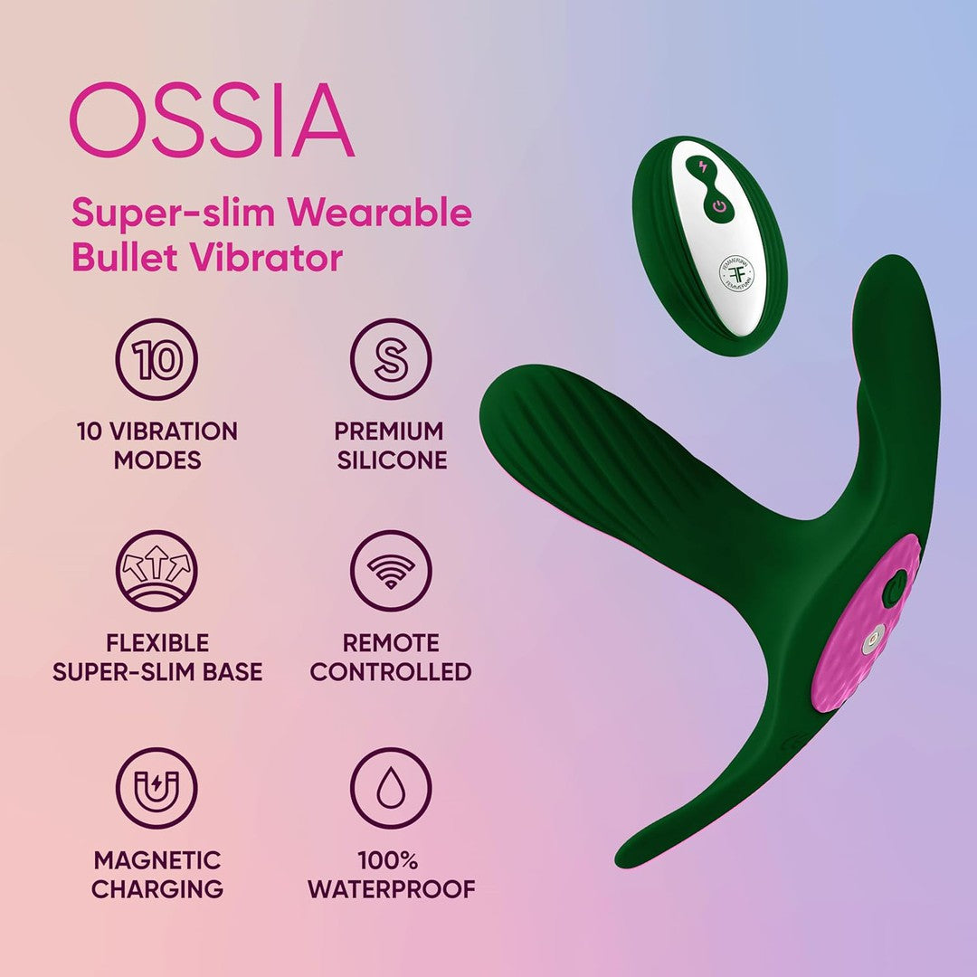 Image of a product advertisement for the Femme Funn Ossia Wearable Bullet Vibrator - Dark Green. This sleek green vibrator, featuring a pink control button area, offers 10 vibration modes, premium silicone material, a flexible base, and magnetic charging. Experience hands-free pleasure with its remote-controlled convenience and fully waterproof design. Enjoy the ultimate in sensual pleasure with Femme Funn's innovative product!