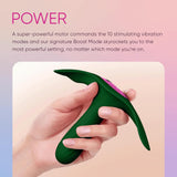 A hand holding the Femme Funn Ossia Wearable Bullet Vibrator - Dark Green, featuring an ergonomic design with a pink button. The text above the image reads, "POWER: A super-powerful motor commands the 10 stimulating vibration modes and our signature Boost Mode skyrockets you to the most powerful setting, no matter which mode you're on. Experience the future of pleasure with Femme Funn Ossia.