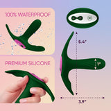 Image of the dark green Femme Funn Ossia Wearable Bullet Vibrator by Femme Funn on a gradient background. The wearable bullet vibrator, made of premium silicone, is shown with water droplets to indicate its 100% waterproof feature. Dimensions: 5.4 inches in length, 3.9 inches in width, and 1 inch in height.