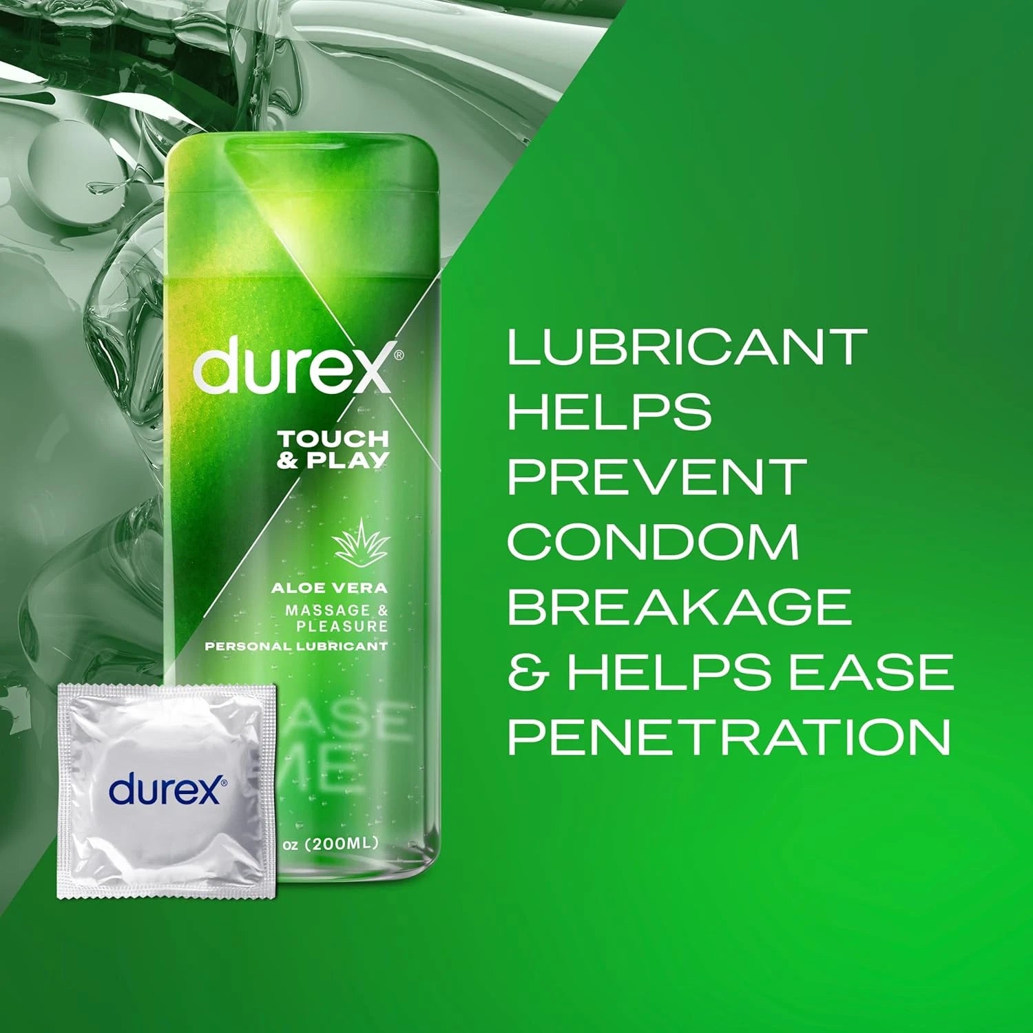 A bottle of Durex Touch & Play Personal Lubricant with Aloe and an unopened Durex condom are displayed next to information about the benefits of lubricant, set against a green background.