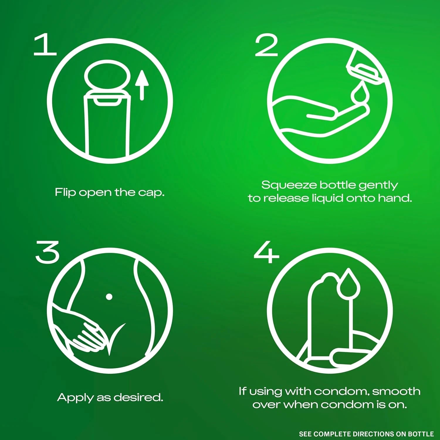 Four-step guide for applying Durex Touch & Play Personal Lubricant with Aloe: 1. Flip open the cap. 2. Squeeze Durex Touch & Play Personal Lubricant with Aloe onto your hand. 3. Apply as desired. 4. If using a condom, apply after putting the condom on.