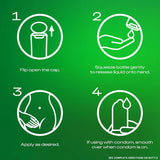 Four-step guide for applying Durex Touch & Play Personal Lubricant with Aloe: 1. Flip open the cap. 2. Squeeze Durex Touch & Play Personal Lubricant with Aloe onto your hand. 3. Apply as desired. 4. If using a condom, apply after putting the condom on.