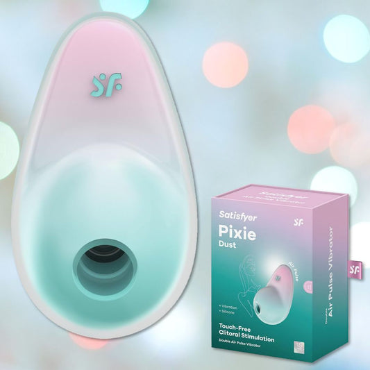 A Satisfyer Pixie Dust Air-Pulse Clitoral Stimulator in mint pink, designed for clitoral pleasure, is showcased in a teardrop form with its packaging alongside it. The softly focused background features circular light effects, emphasizing the product's sophisticated Air Pulse Technology. 1080