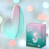 Image of the pastel-colored Satisfyer Pixie Dust Air-Pulse Clitoral Stimulator in Mint Pink next to its packaging, highlighting features such as "Touch-Free Clitoral Stimulation" enhanced with Air Pulse Technology against a soft, gradient background.