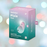 The packaging for the Satisfyer Pixie Dust Air-Pulse Clitoral Stimulator - Mint Pink from Satisfyer displays a dual air pulse vibrator designed for touch-free clitoral stimulation. The mint pink box is set against a gradient background of light green and blue, featuring highlights such as Air Pulse Technology, vibration capabilities, and its premium silicone construction.