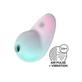 The image displays the Satisfyer Pixie Dust Air-Pulse Clitoral Stimulator - Mint Pink, featuring a pastel gradient design and a small opening, alongside an icon that highlights its "2 in 1 Air Pulse + Vibration" capabilities, perfect for clitoral stimulation.