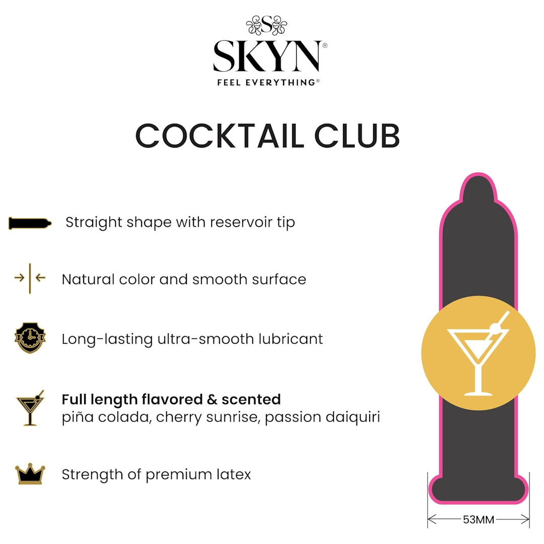 The image is an advertisement for LifeStyles SKYN Cocktail Club Non-Latex Condoms, featuring a pink and black condom with a drink icon. It highlights features such as a straight shape with reservoir tip, natural look and feel, ultra-smooth lubricant, flavored and scented varieties, and premium non-latex material.