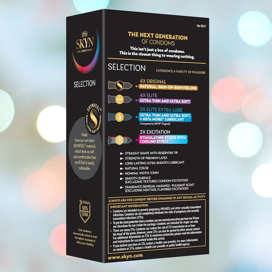 The image showcases the LifeStyles SKYN Selection Condom Variety Pack (Latex-Free), which includes non-latex options like "Original," "Elite Ultra Thin," "Elite Extra Lubricated," and "Excitation." These polyisoprene-made condoms are set against a soft, blurred gradient backdrop.