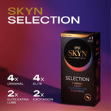 The image features the LifeStyles SKYN Selection Condom Variety Pack (Latex-Free) set against a gradient background. The pack contains 4 Original, 4 Elite, 2 Elite Extra Lube, and 2 Excitation condoms. The text highlights "Feel Everything" and proudly identifies them as the "#1 Non-Latex Condoms.