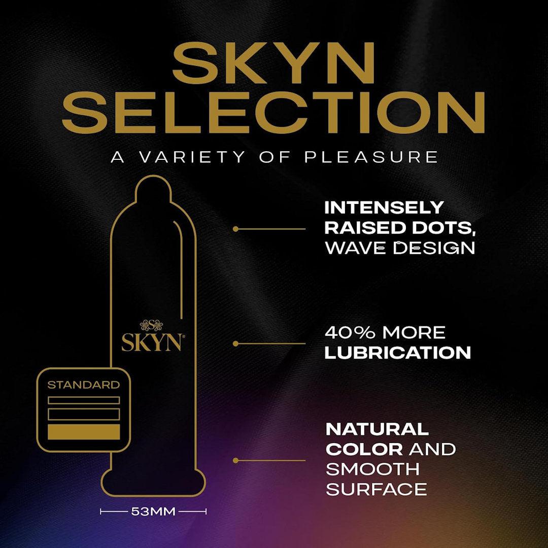 The image displays a package of LifeStyles SKYN Selection Condom Variety Pack (Latex-Free), highlighting intensely raised dots with a wave design, 40% more lubrication, and a natural color with a smooth surface. These polyisoprene condoms are labeled "Standard" and offer a comfortable 53mm width.