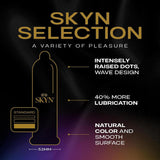 The image displays a package of LifeStyles SKYN Selection Condom Variety Pack (Latex-Free), highlighting intensely raised dots with a wave design, 40% more lubrication, and a natural color with a smooth surface. These polyisoprene condoms are labeled "Standard" and offer a comfortable 53mm width.