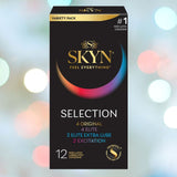 LifeStyles SKYN Selection Condom Variety Pack set against a blurred background adorned with circular lights. This 12-pack variety includes non-latex condoms—Original, Elite, Elite Extra Lube, and Excitation—crafted from ultra-soft polyisoprene for heightened sensitivity.