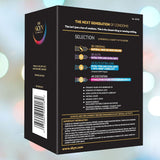 The image showcases a box of LifeStyles SKYN Selection Condom Variety Pack (Latex-Free), branded as "The Next Generation of Non-Latex Condoms." It includes options such as "8X Original," "3X Elite," "4X Elite Extra Lube," and "4X Excitation." Crafted from polyisoprene, the stylish black packaging provides product features and usage instructions.