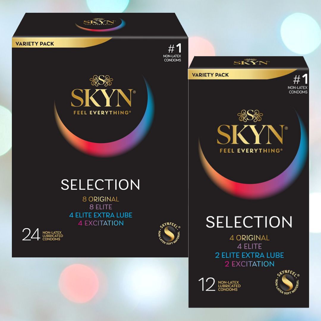 Two boxes of LifeStyles SKYN Selection Condom Variety Pack (Latex-Free) are displayed against a blurred background. One box includes 24 condoms: 8 Original, 8 Elite, 4 Elite Extra Lube, and 4 Excitation, while the other contains 12 with the same assortment. The packaging is sleek black with vibrant accents.