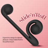 Introducing the Snail Vibe Dual-Motor Thrusting Vibrator: a sophisticated purple product with an ergonomic design featuring spiral ends, set against a pink background. The text reads, "Slide'n'Roll," highlighting dual stimulation for personalized pleasure. Experience exceptional clitoral stimulation with Slide'n'Roll for the perfect touch.