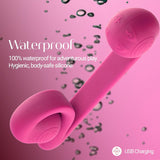 The Snail Vibe Dual-Motor Thrusting Vibrator, available in a purple hue, is a silicone toy with two rounded ends. It appears against a pink background with water droplets. Key features include being waterproof, made from hygienic and body-safe silicone, USB rechargeable, and designed to offer both dual stimulation and clitoral stimulation.