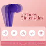 A promotional graphic for the Snail Vibe Dual-Motor Thrusting Vibrator (Purple) from Snail Vibe features three overlapping purple heads on the left side. The text highlights "5 Modes 5 Intensities." Below, there are icons representing five modes: The Whisper, The Flicker, The Wave, The Pulse, and The Storm—each providing distinct clitoral and dual stimulation experiences.