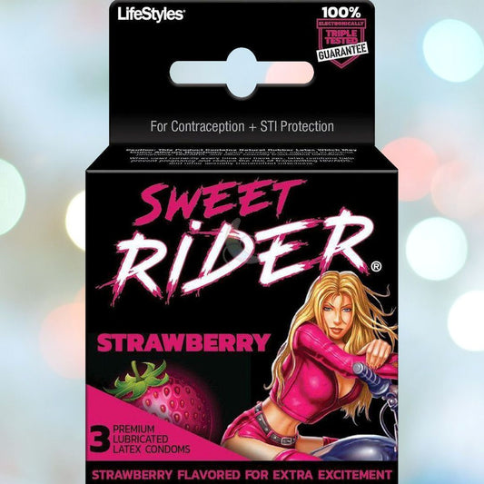 The image shows a box of LifeStyles 'Sweet Rider' Strawberry Condoms 🍓. The package features a dynamic illustration of a woman in a red outfit holding a motorcycle handlebar. The box contains 3 premium lubricated latex condoms. 1080