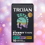A box of Trojan Bareskin EveryTHIN Pack, a variety pack with a holographic Trojan helmet logo, contains 10 lubricated latex condoms: 3 Raw, 4 BareSkin Studded, and 3 BareSkin condoms.