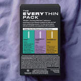 A box of Trojan Bareskin EveryTHIN Pack (Variety Pack) by Trojan sits on a purple surface, showing details and icons for RAW, BareSkin Studded, and Straight ultra thin condoms.