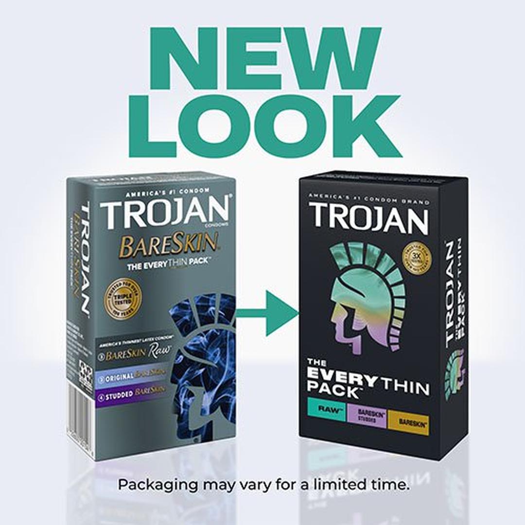 Two boxes of Trojan Bareskin EveryTHIN Pack (Variety Pack) by Trojan are side by side, with an arrow between them. The left box shows the old design, the right box shows the new look. "NEW LOOK" appears above in bold teal letters.