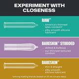 Infographic highlights three Trojan Bareskin EveryTHIN Pack varieties: Ultra Thin (thinnest, straight, smooth), BareSkin Studded (dotted, bulbous), and BareSkin (thin, straight); all with silky silicone lubricant.