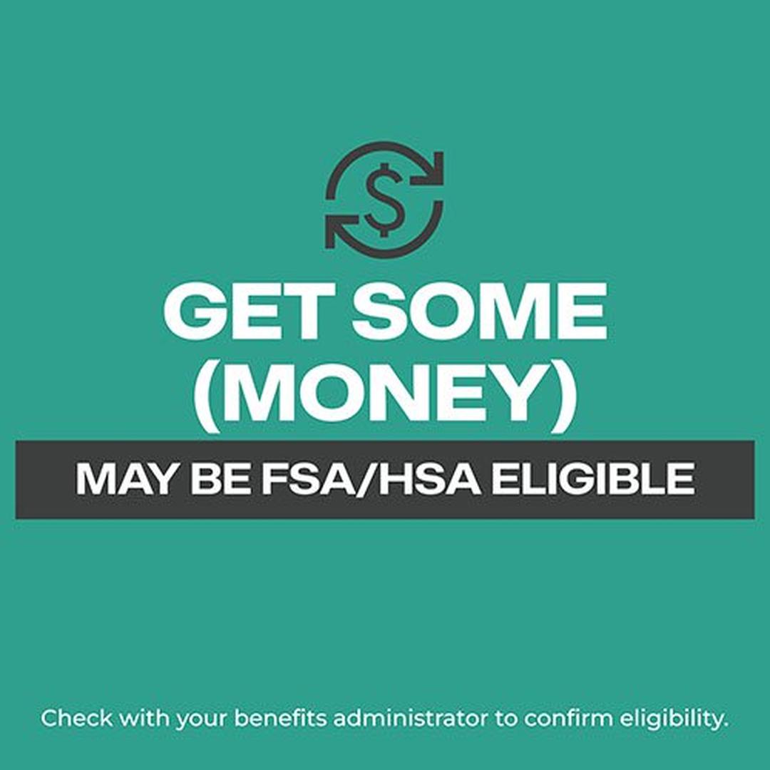 Text graphic with a dollar sign and arrows above bold text reading "GET SOME (MONEY)". Below, a dark bar says "May be FSA/HSA eligible," featuring Trojan Bareskin EveryTHIN Pack (Variety Pack). Check with benefits administrator for eligibility.