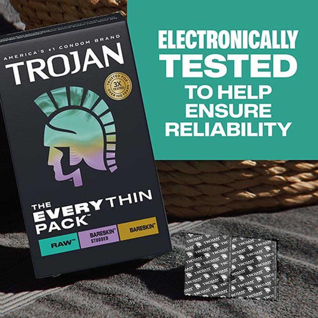 A box of Trojan Bareskin EveryTHIN Pack (Variety Pack) condoms by Trojan rests on a woven surface beside four wrappers; text nearby states, "Electronically tested to help ensure reliability.