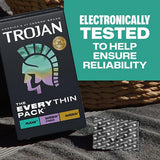 A box of Trojan Bareskin EveryTHIN Pack (Variety Pack) condoms by Trojan rests on a woven surface beside four wrappers; text nearby states, "Electronically tested to help ensure reliability.