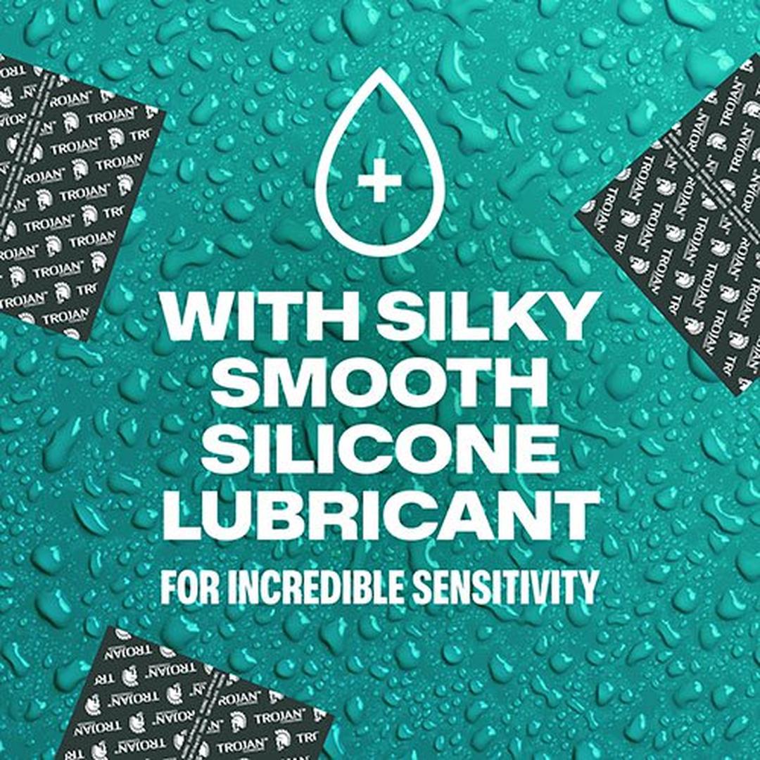 A teal background with water droplets displays text: "With Silky Smooth Silicone Lubricant for Incredible Sensitivity." Four Trojan Bareskin EveryTHIN Pack (Variety Pack) condom wrappers are placed in the corners of the image.