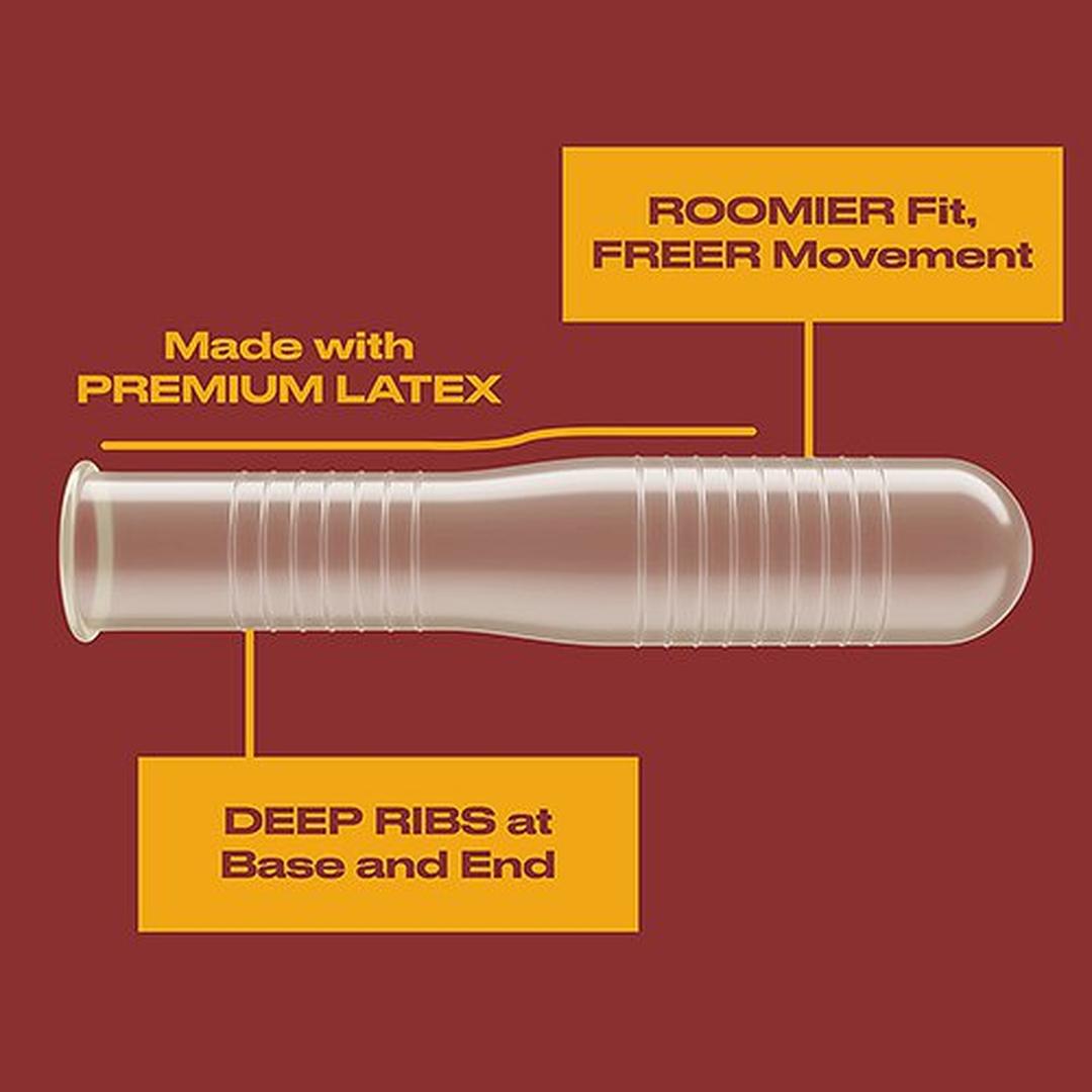 A Trojan Ultra Ribbed Ecstasy Condom, featuring deep ribs at the base and end for enhanced sensation, is shown on a red background. Labels detail its roomier fit, freer movement, ribbed texture, and premium lubricated latex.