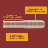 A Trojan Ultra Ribbed Ecstasy Condom, featuring deep ribs at the base and end for enhanced sensation, is shown on a red background. Labels detail its roomier fit, freer movement, ribbed texture, and premium lubricated latex.