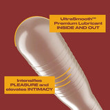 A close-up of Trojan Ultra Ribbed Ecstasy Condoms on a red background with text, "UltraSmooth Premium Lubricant Inside and Out" and "Intensifies pleasure and elevates intimacy," highlights these premium Trojan condoms for heightened sensation.
