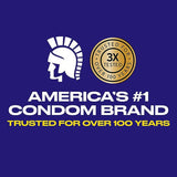 A gold badge says "3X Tested, Trusted for Over 100 Years" next to a white Trojan helmet. Below, bold text reads "America's #1 condom brand," showing Trojan Ultra Ribbed Ecstasy Condoms on a dark blue background.