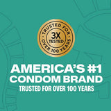A teal background with a gold badge reads "Trusted for over 100 years, 3X tested." Bold white text says "America's #1 condom brand." Experience Trojan Raw Ultra-Thin Condoms, our thinnest latex from Trojan for a natural feel.