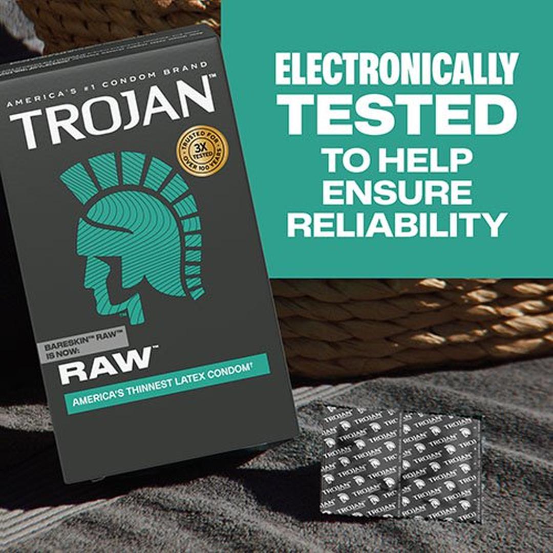 A box of Trojan Raw Ultra-Thin Condoms from Trojan rests on a woven surface with three packets beside it. Text reads: "Electronically tested to help ensure reliability.
