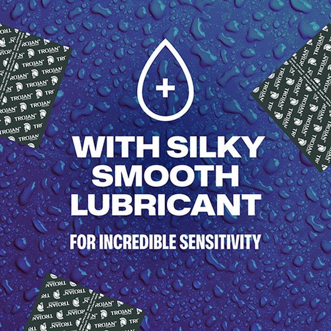 Blue background with water droplets, condom wrappers, and text: "With silky smooth lubricant for incredible sensitivity," a droplet icon, and a nod to Trojan Raw Ultra-Thin Condoms—the thinnest latex condom from Trojan for a natural feel.