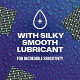 Blue background with water droplets, condom wrappers, and text: "With silky smooth lubricant for incredible sensitivity," a droplet icon, and a nod to Trojan Raw Ultra-Thin Condoms—the thinnest latex condom from Trojan for a natural feel.
