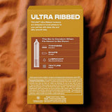 A yellow box of Trojan Ultra Ribbed Condoms by Trojan rests on brown satin, highlighting its thin, straight-shaped, lubricated latex condoms with a silky smooth feel and ribbed texture. A condom diagram is also displayed for clarity.