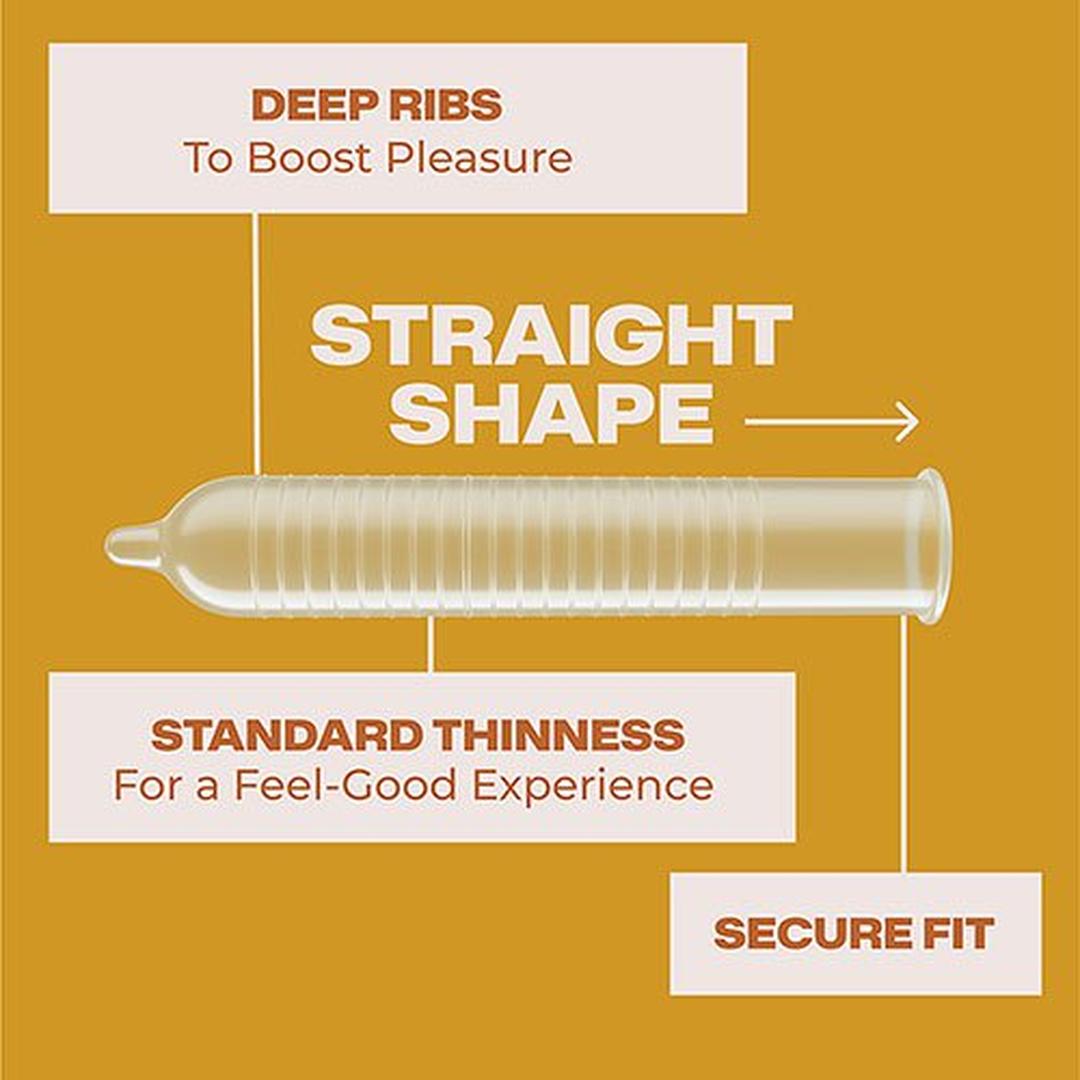 Trojan Ultra Ribbed Condoms by Trojan feature deep ribs for extra stimulation, standard thinness, a secure fit, and straight shape, all illustrated against a mustard yellow background.